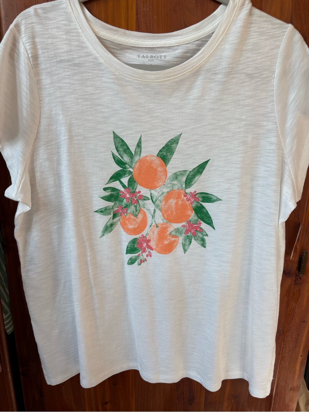 Talbots White Tee with Green Leaf and Orange Fruit Print